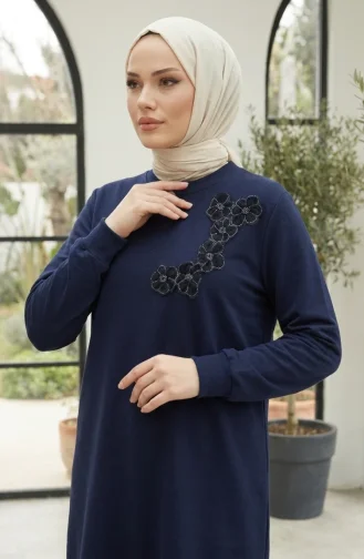 Ensemble Hijab Deux Pièces En Tissu Oysho Brodé De Fleurs Bleu Marine 0400-01 0400-01