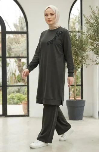 Ensemble Hijab Deux Pièces En Tissu Oysho Brodé De Fleurs Kaki 0400-02 0400-02