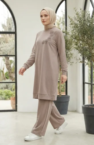 Oysho Stoffen Hijab Tweedelige Set Met Bloemenborduurwerk 0400-04 Nerts 0400-04