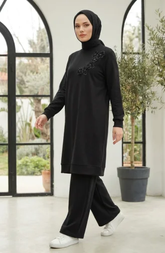 Ensemble Hijab Deux Pièces En Tissu Oysho Brodé De Fleurs Noir 0400-05 0400-05