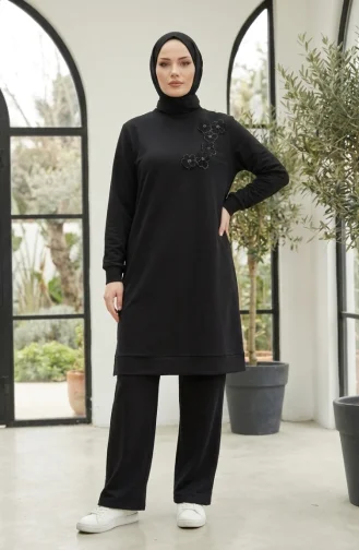 Ensemble Hijab Deux Pièces En Tissu Oysho Brodé De Fleurs Noir 0400-05 0400-05