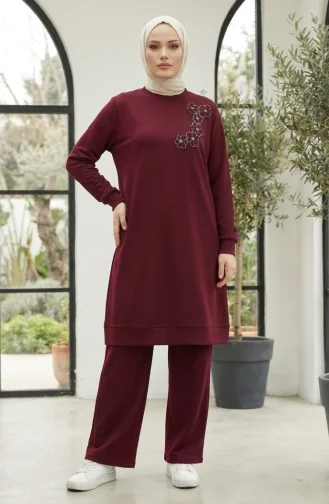 Ensemble Hijab Deux Pièces En Tissu Oysho Brodé De Fleurs Couleur Bordeaux Référence 0400-06 0400-06
