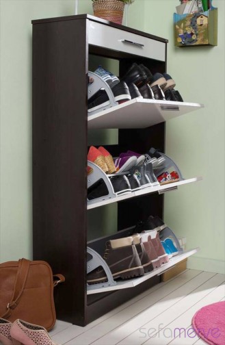 Flat 3 Kapaklı Tek Çekmeceli Ayakkabı Dolabı Wenge-Beyaz 75X123X28 Cm