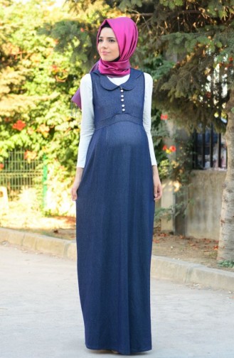 Tesettür Hamile Kot Elbise 4051-03 Lacivert