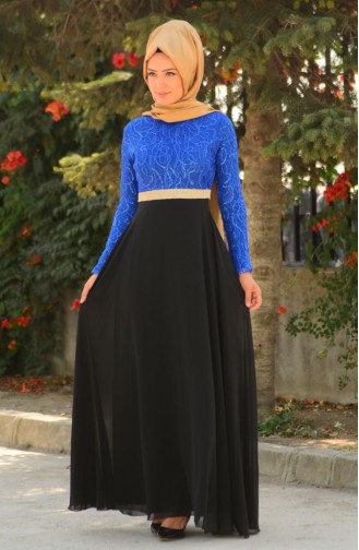 Tesettür Abiye Elbise 1707-03 Saks