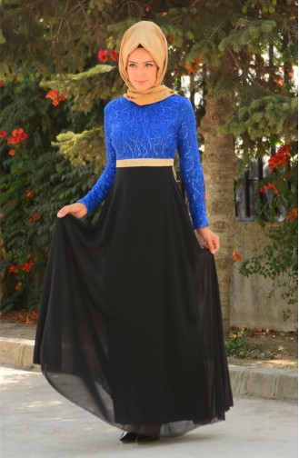 Tesettür Abiye Elbise 1707-03 Saks
