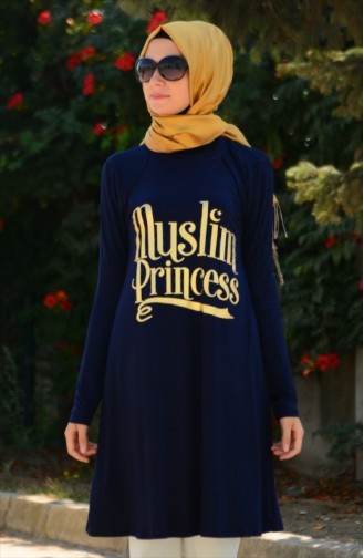Tesettür Tunik 4072-03 Lacivert Altın
