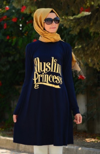 Tesettür Tunik 4072-03 Lacivert Altın