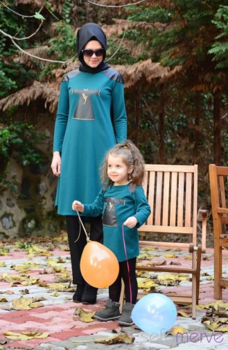 Tesettür Tunik Anne Kız Kombin WB 4130-07 Zümrüt