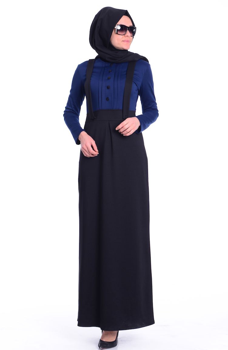 Tubanur Salopet Elbise 2302-09 Lacivert Siyah