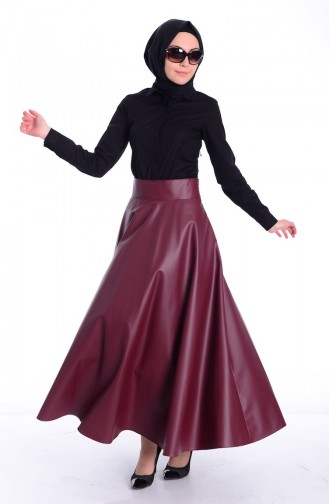 Tesettür Deri Etek 0417K-03 Bordo