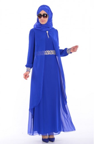 فستان من الشيفون بتفاصيل لامعة 52221-04 لون ازرق مائل للنيلي 52221-04