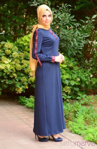Navy Blue Hijab Dress 7009-03
