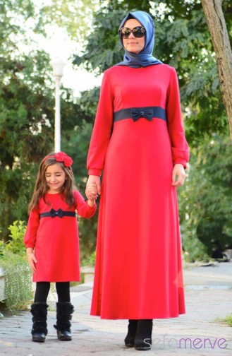 Dilber Tesettür Elbise Anne Kız 4592-02 Kırmızı