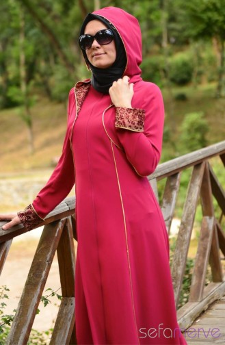 Hooded Zipper Abaya 9105-02 Claret Red 9105-02