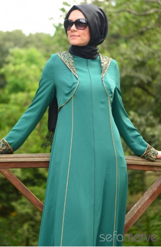 Hooded Zipper Abaya 9105-04 Green 9105-04