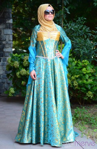 Turquoise Hijab Evening Dress 1010-01