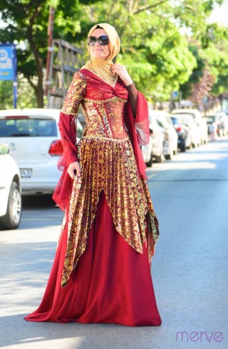 Claret Red Hijab Evening Dress 1017-02
