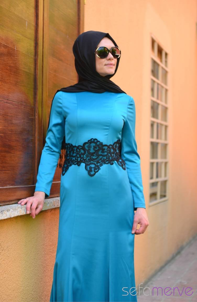 Pınar Akşam Dress 2402-02 Petroleum Blue 2402-02