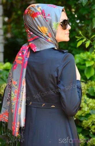 Safir Desenli İpek Şal 76 Füme Nar Çiçeği Yeşil