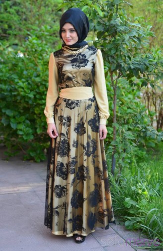 Famelin Tesettür Abiye Elbise 4910-01 Sarı