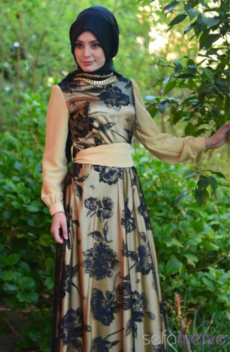 Famelin Tesettür Abiye Elbise 4910-01 Sarı