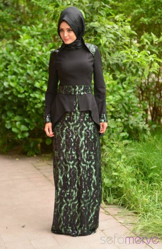 Sefamerve Abaya Dresses PDY 4181-02 Black Green 4181-02