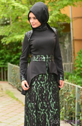 Sefamerve Abaya Dresses PDY 4181-02 Black Green 4181-02