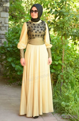 Famelin Tesettür Abiye Elbise 4897-01 Sarı