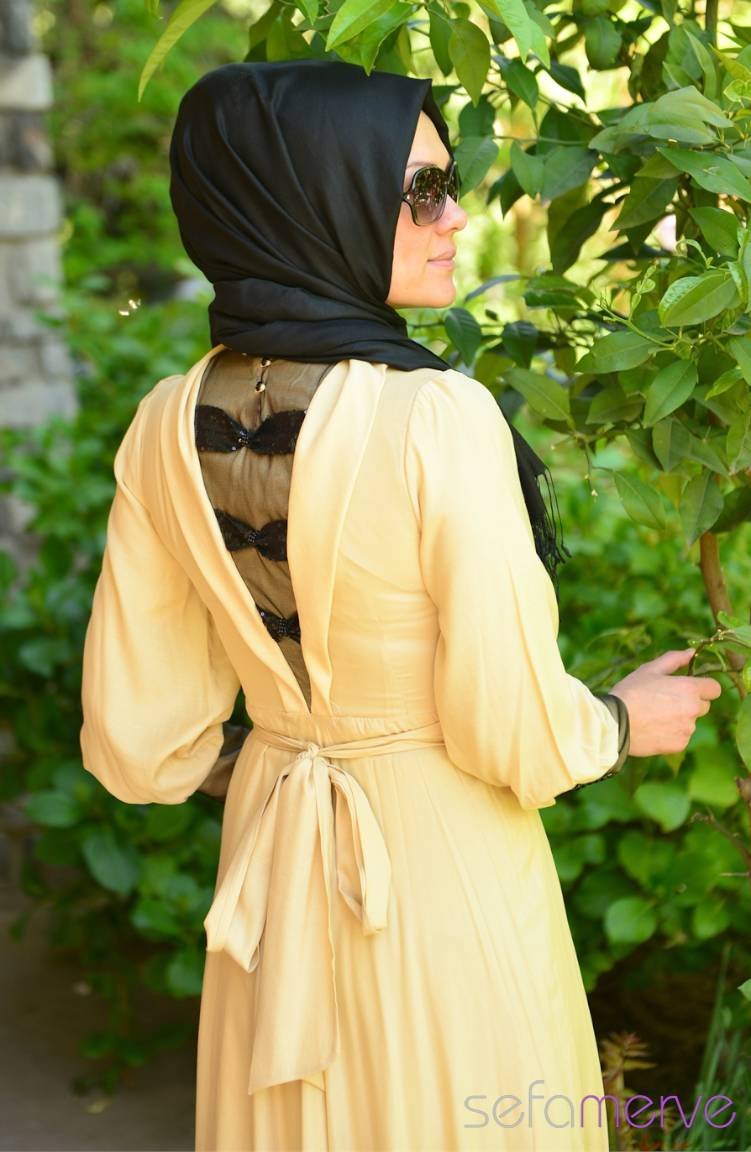 Famelin Tesettür Abiye Elbise 4897-01 Sarı