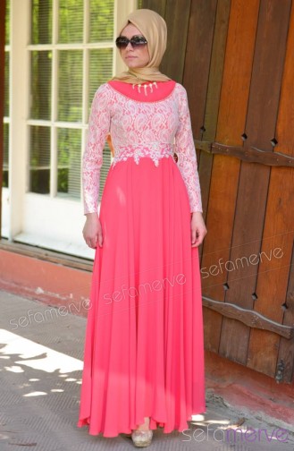 Famelin Tesettür Abiye Elbise 4907-04 Mercan