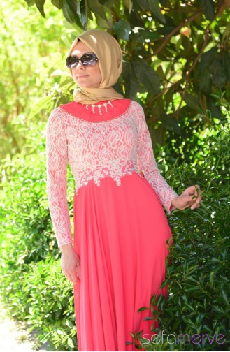 Famelin Tesettür Abiye Elbise 4907-04 Mercan