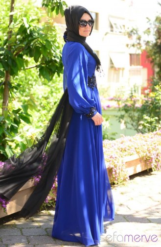 Saks-Blau Hijab-Abendkleider 4223-03