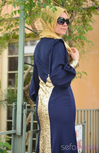 Sefamerve Tesettür Abiye Elbiseler PDY 4722-04 Lacivert Sarı
