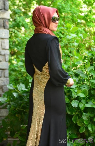 Sefamerve Tesettür Abiye Elbiseler PDY 4722-02 Siyah Sarı