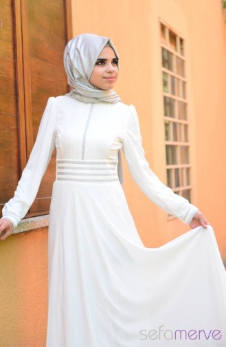 Yazlık ZRF Tesettür Elbise 9045-11 Beyaz