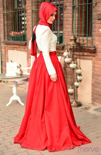 Sefamerve Tesettür Elbise Takım 4001 01 Kırmızı