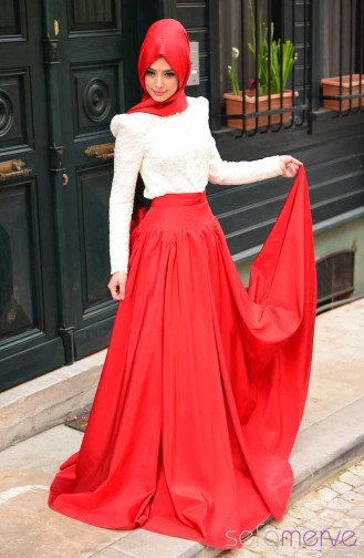 Sefamerve Tesettür Elbise Takım 4001 01 Kırmızı