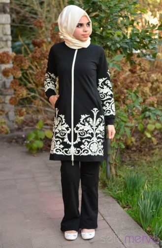 Minahill Hijab Sweatsuit Set 4160-01 Black Ecru 4160-01