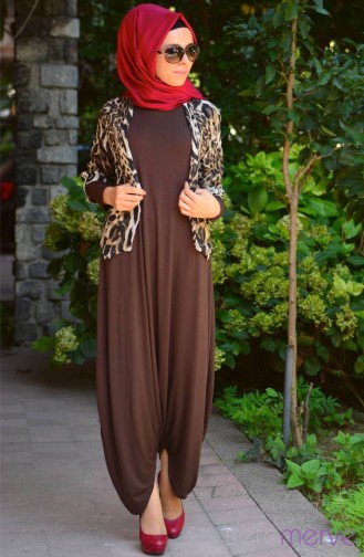 İkili Takım Şalvar Elbise 3708-03 Koyu Kahve Leopar