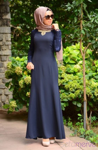 Navy Blue Hijab Dress 52065-01