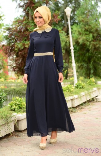 Dunkelblau Hijab Kleider 52077-01
