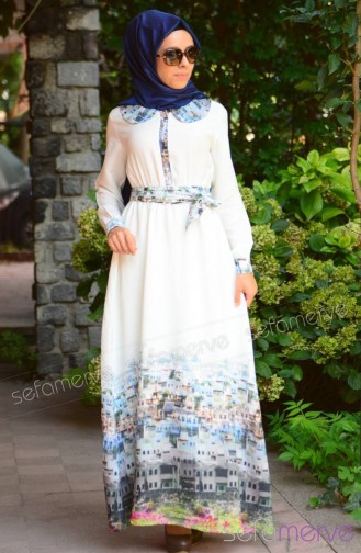 Zehra Uçar Tesettür Elbise 8811-01 Ekru