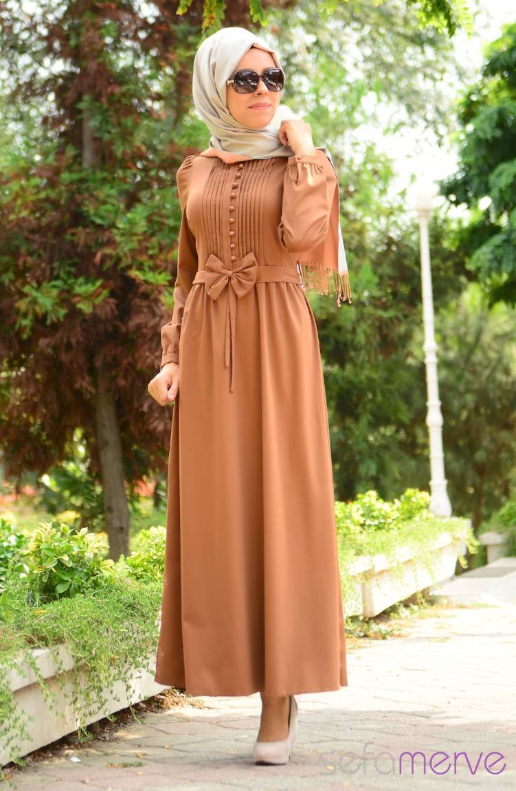 Yazlık ZRF Tesettür Elbise 9078-08 Taba
