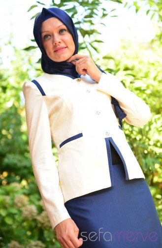 Hatunca Jacket Skirt Suit 4629-01 Cream-Navy Blue 4629-01