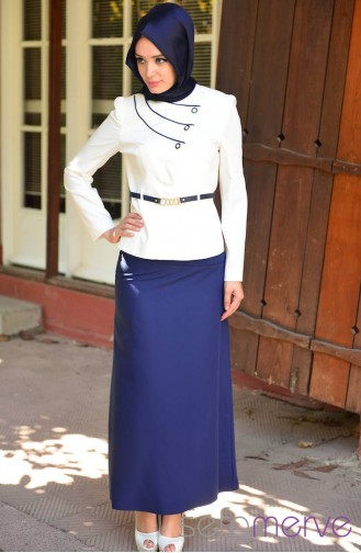 Hatunca Coat Skirt Suit 4681-01 Cream-Navy Blue 4681-01