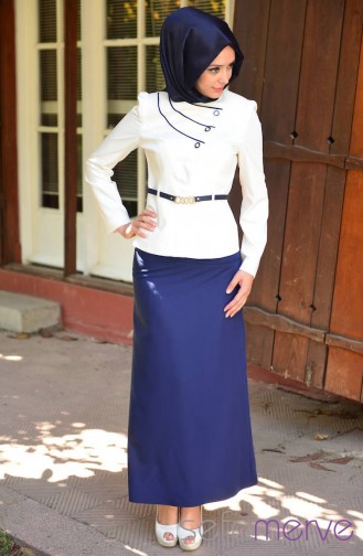 Hatunca Coat Skirt Suit 4681-01 Cream-Navy Blue 4681-01
