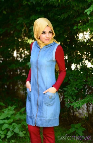Kapişonlu Uzun Yelek 6076-02 Buz Mavi