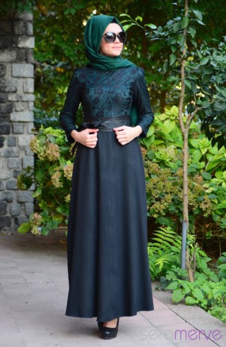 Zaira Tesettür Elbise 5884-03 Koyu Yeşil