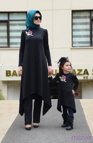 Dilber Tesettür Anne Kız Kombin Tunik 4595 01 Siyah